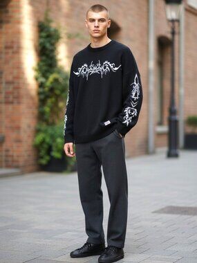 Ragged Priest Mens Black Tribal Cyber Sigilism Abstract Oversized Sweater Size M